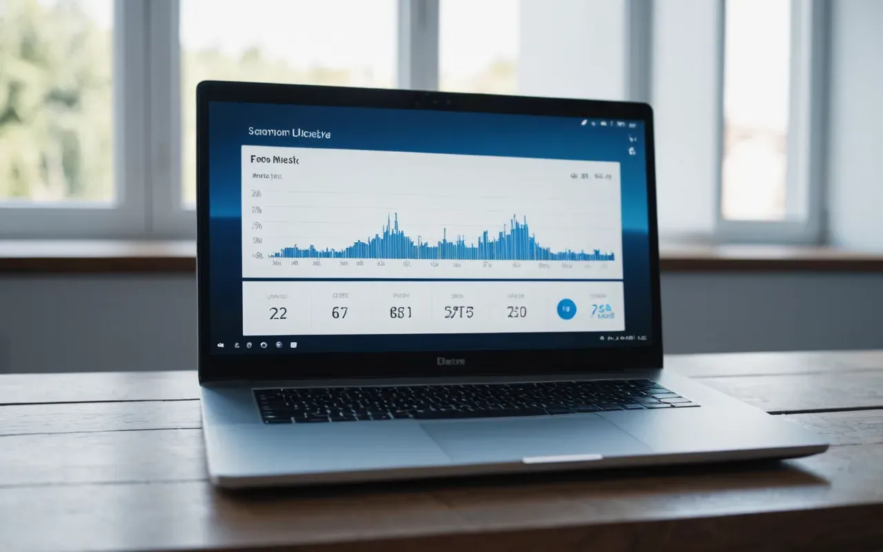 Close-up of a modern laptop screen showing abstract data visualizations in soft blue and white tones on a clean wooden desk with natural morning light and shallow depth of field