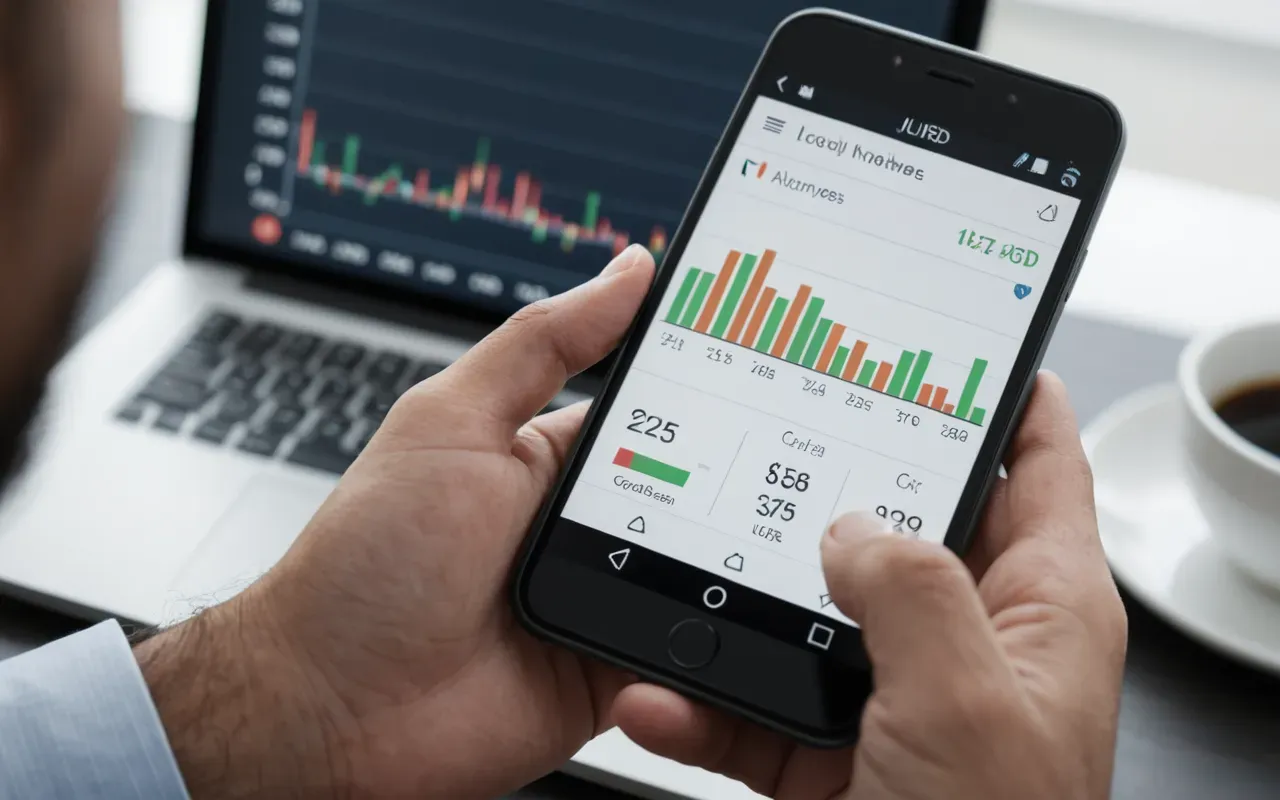 Close-up of a pair of hands holding a modern smartphone displaying a blurred analytics graph on the screen in a bright contemporary office with soft natural light and neutral tones.