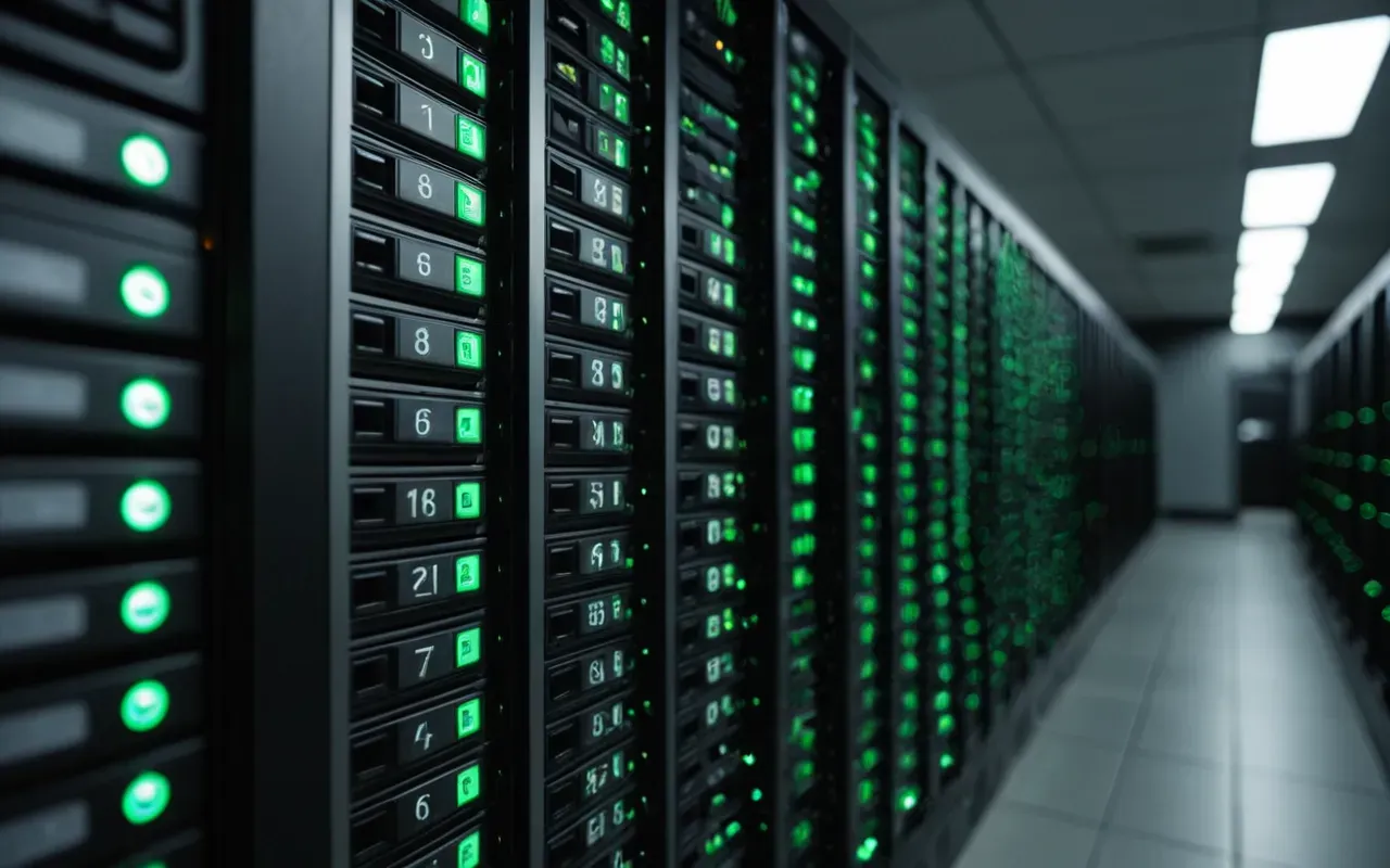 Close-up of a server room with rows of blinking blue and green lights on black hardware, shallow depth of field, cool ambient lighting