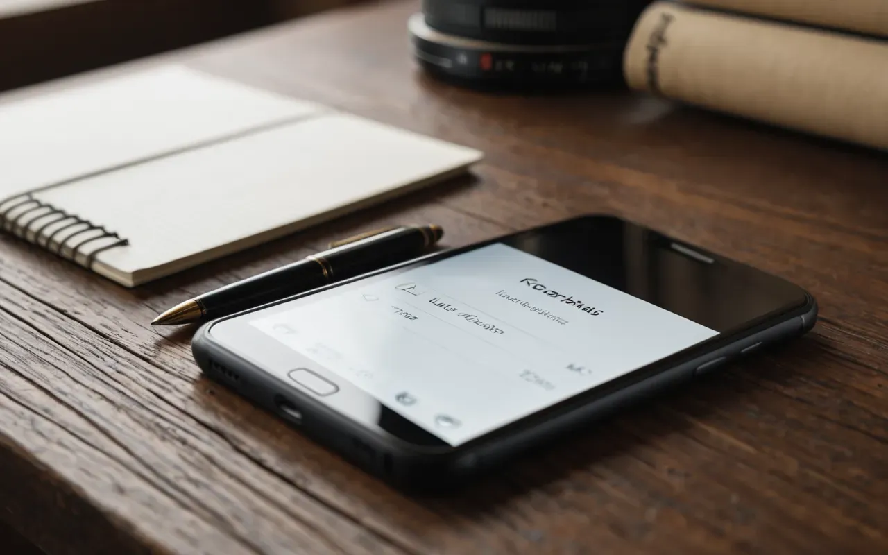 Close-up of a smartphone standing on a wooden desk next to a notebook and pen in soft natural light with shallow depth of field.
