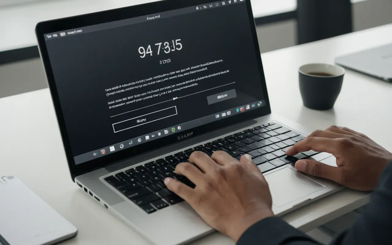 Close up of hands typing on a laptop keyboard in a modern minimalist office with soft natural daylight and neutral tones