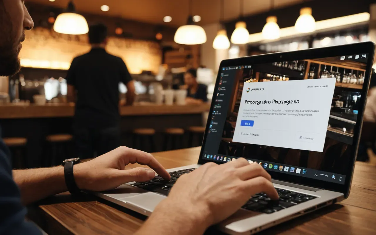 local search optimization work Close-up of hands typing on a laptop keyboard in a modern coffee shop setting with blurred background of people working, warm ambient lighting