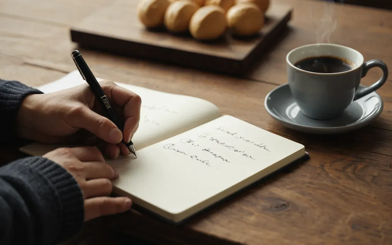 note taking practice Close up of hands writing in a notebook with a pen and coffee cup nearby on a wooden table surface with soft lighting