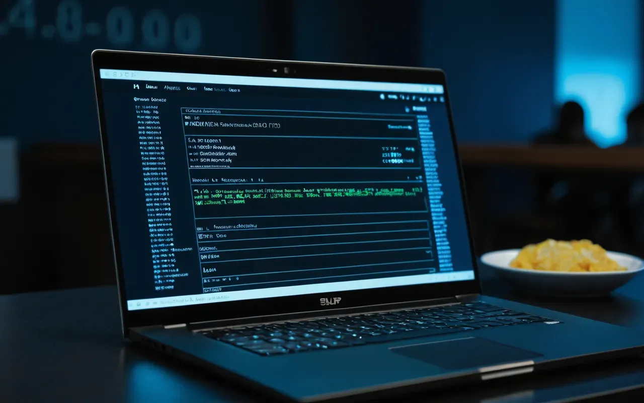 Close up view of a laptop screen showing code lines in dark mode with soft blue lighting reflecting on the desk surface nearby