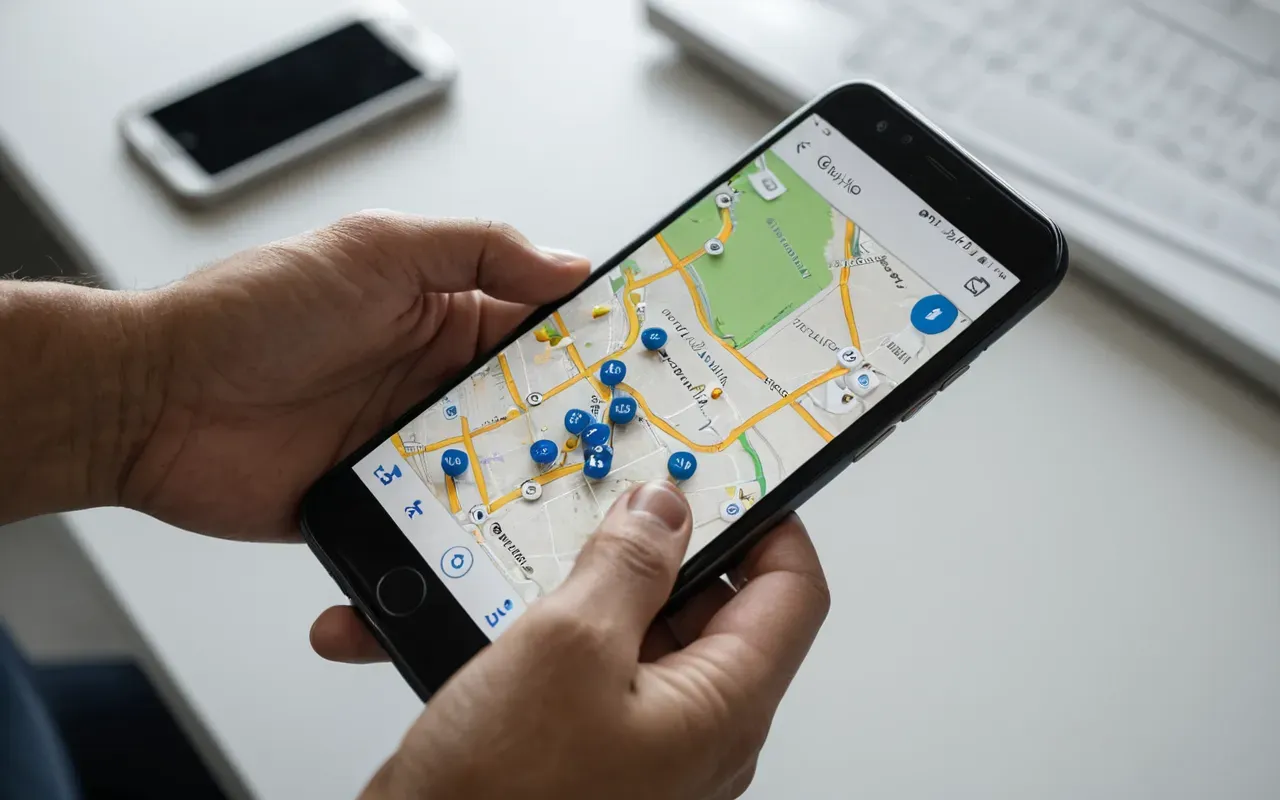 Close-up view of a modern smartphone displaying a map interface with location pins, held by hands in a bright contemporary office setting with soft natural light and blurred background.