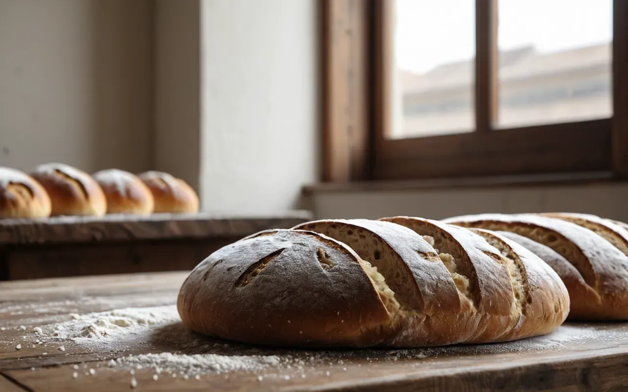 Close-up view of a wooden table with fresh artisan bread and flour dusted surfaces in soft natural light from a large window, shallow depth of field emphasizing texture