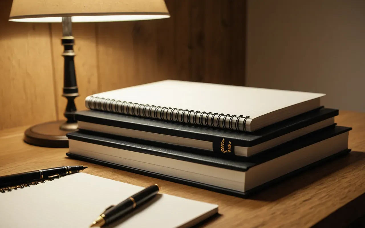 Editorial still life of a stack of neatly organized notebooks and pens on a light oak desk surface with soft shadow play from an overhead lamp.