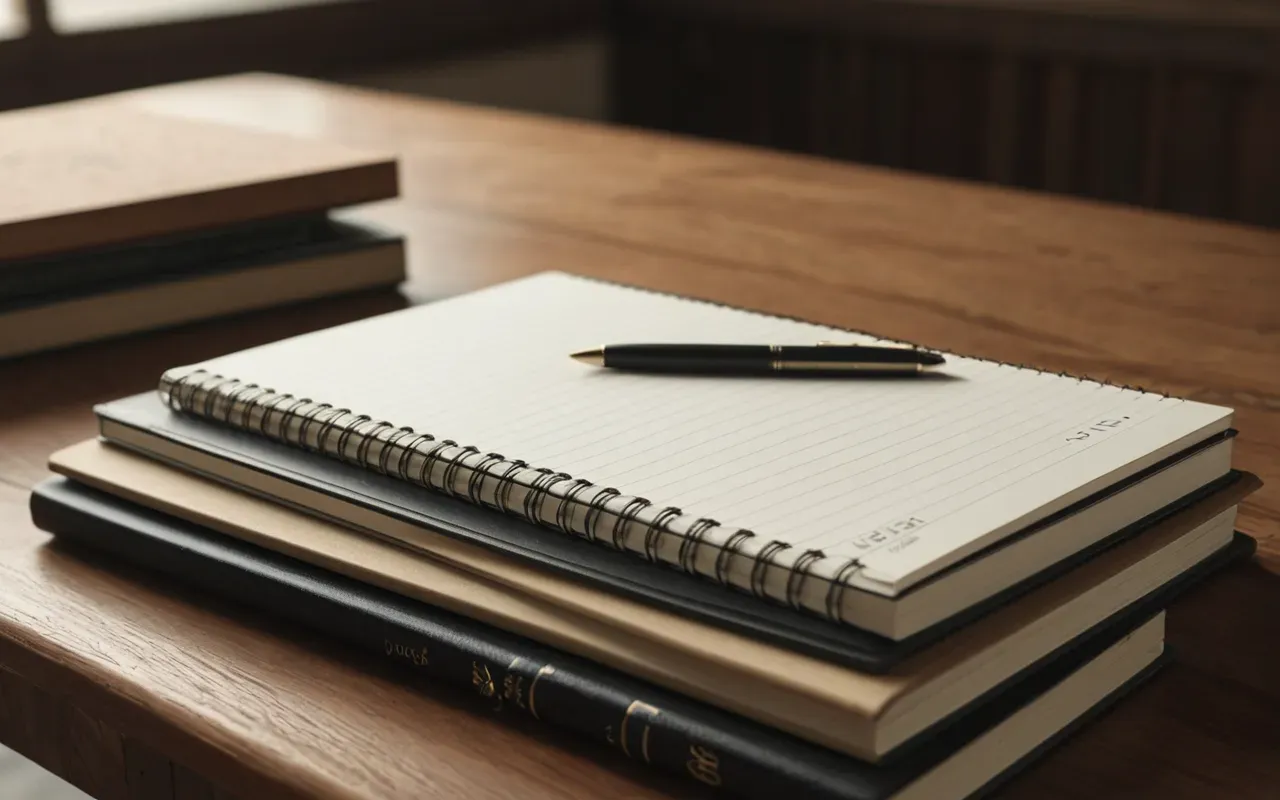 Editorial still life of stacked notebooks and a pen on a clean wooden desk with soft diffused lighting and neutral color palette