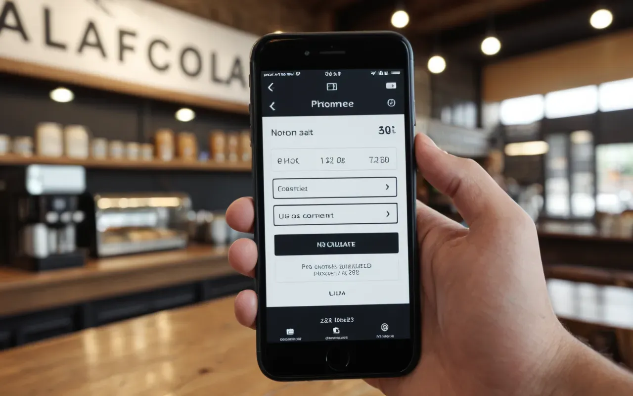 Hand holding a modern smartphone displaying a blurred e-commerce interface in a bright cafe setting, shallow depth of field on the background