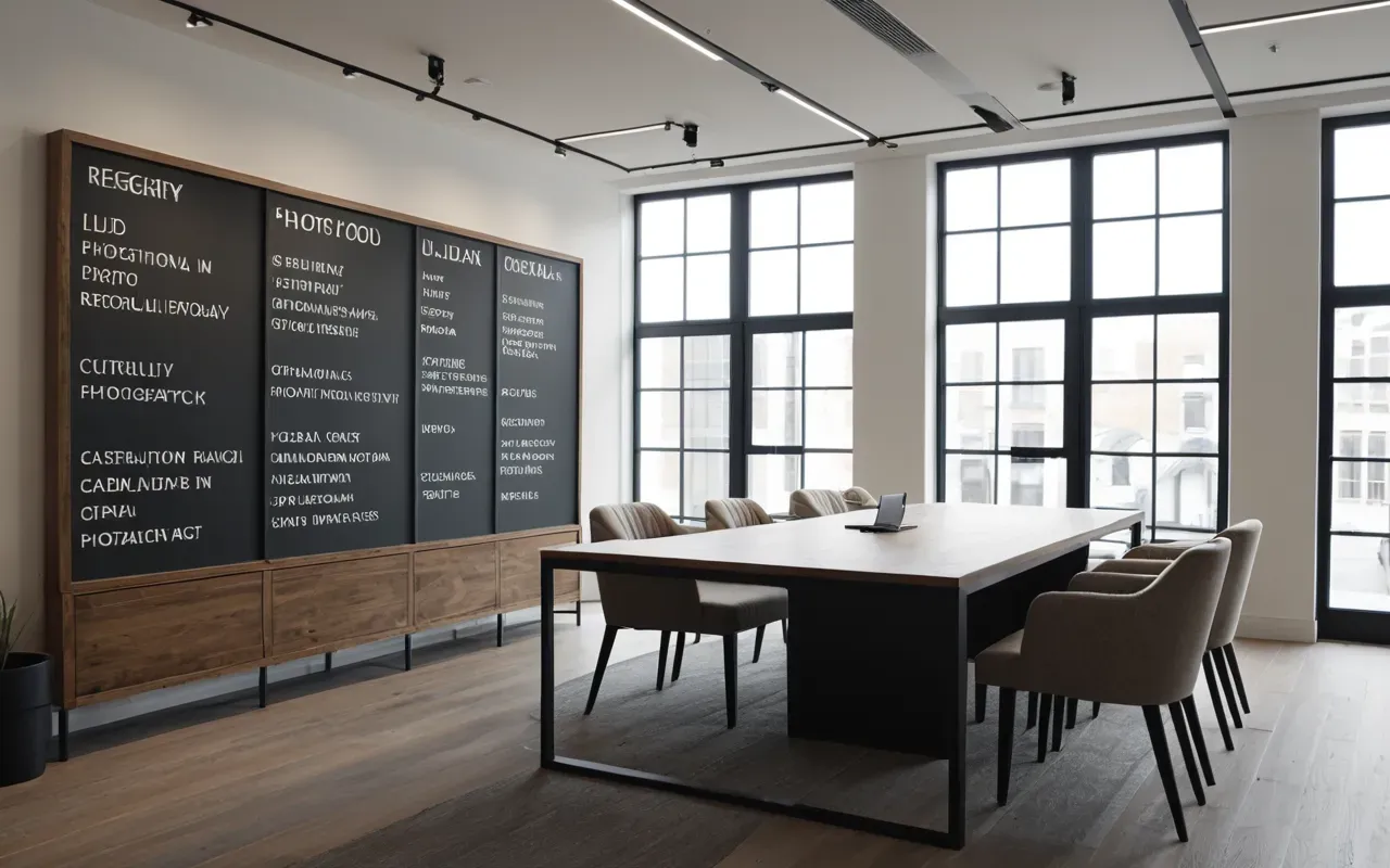 Interior of a modern boutique office space with neutral furniture and large windows letting in soft natural daylight creating a calm professional atmosphere.