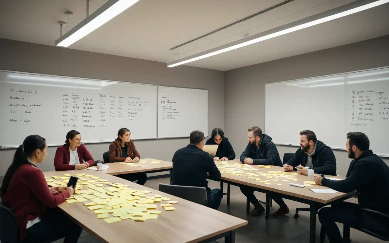 Interior shot of a modern collaborative workspace with whiteboards covered in sticky notes and people discussing ideas around a table