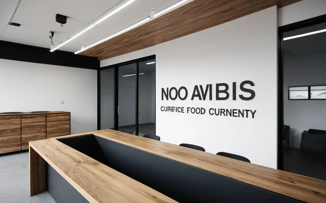 Modern minimalist interior of a small business office with white walls and natural wood furniture under soft overhead lighting