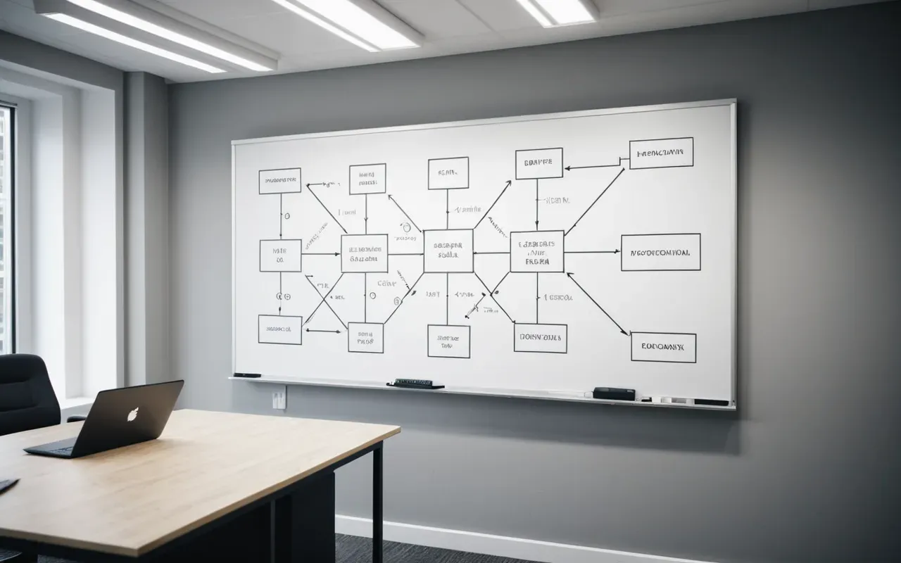 content cluster mapping diagram Modern minimalist office interior with a large whiteboard covered in abstract diagrams and flowcharts connecting various nodes, clean lighting, neutral color palette