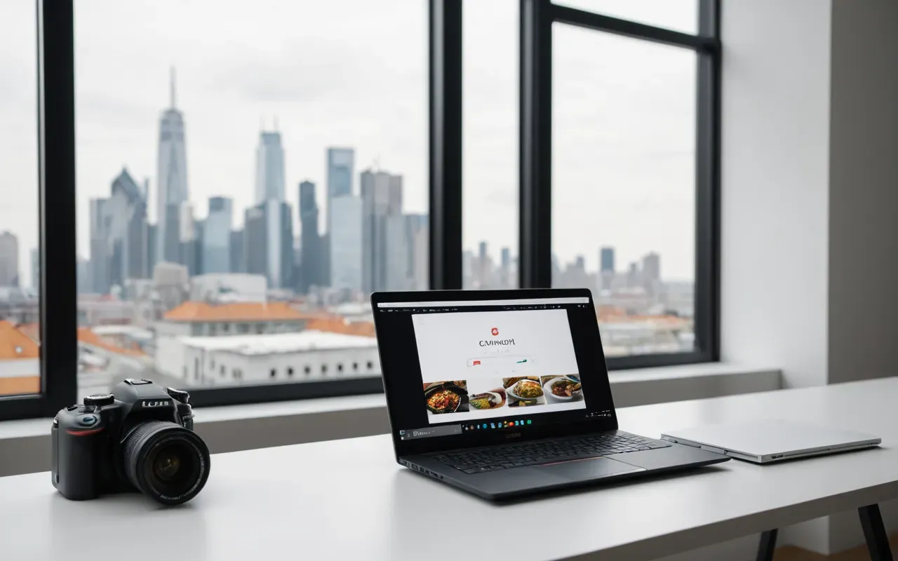 Modern minimalist workspace with a laptop and notebook on a white desk beside a large window showing blurred city skyline in soft daylight
