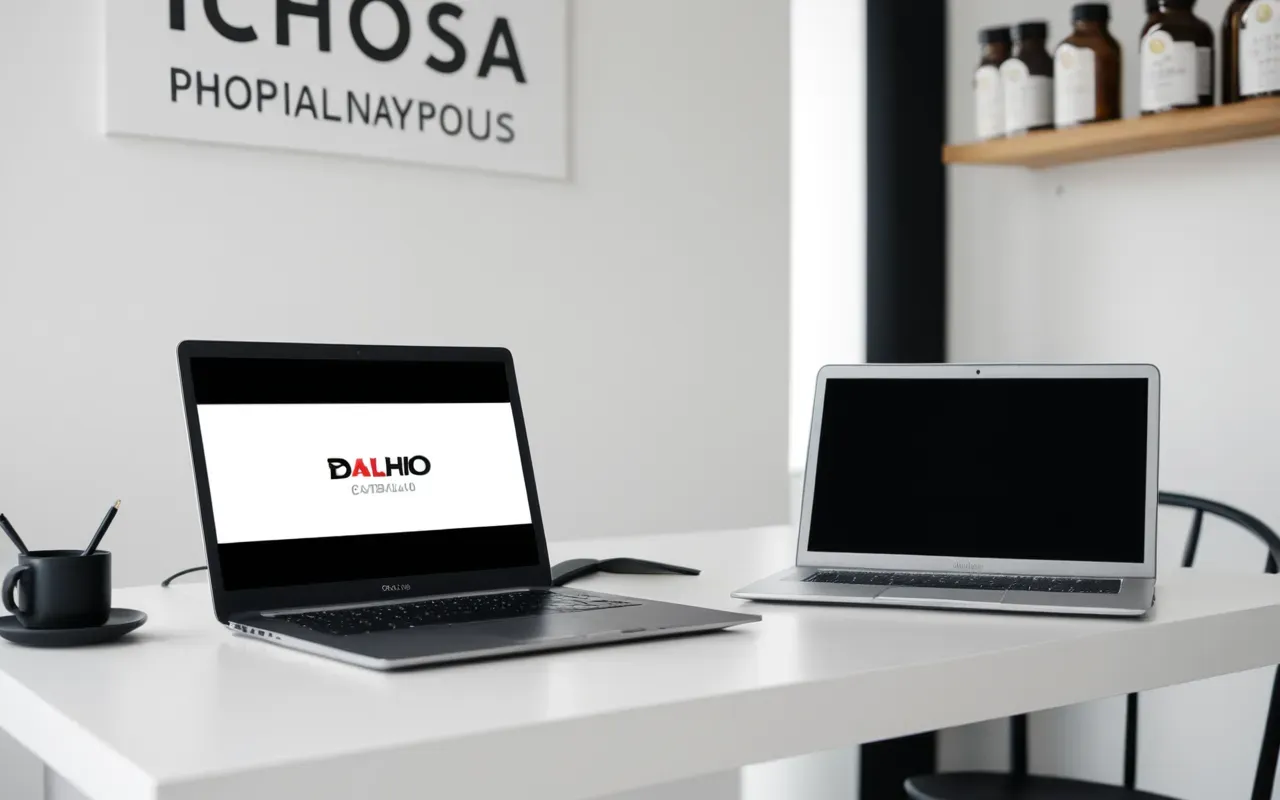 Modern minimalist workspace with a laptop and notebook on a clean white desk under soft natural lighting with neutral color scheme