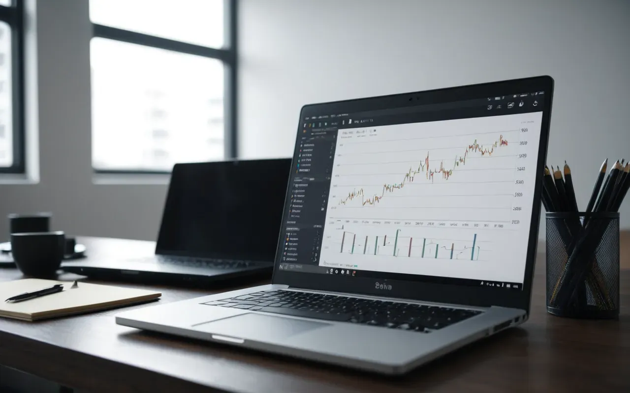 Modern office desk with a laptop showing abstract data visualization charts and a notebook with handwritten notes, soft ambient lighting, clean minimalist workspace setup