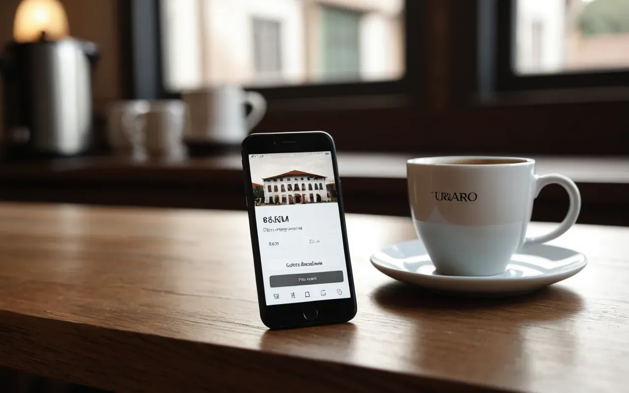 Modern smartphone displaying a blurred website interface on a clean wooden desk next to a ceramic coffee cup, soft diffused daylight creating gentle shadows