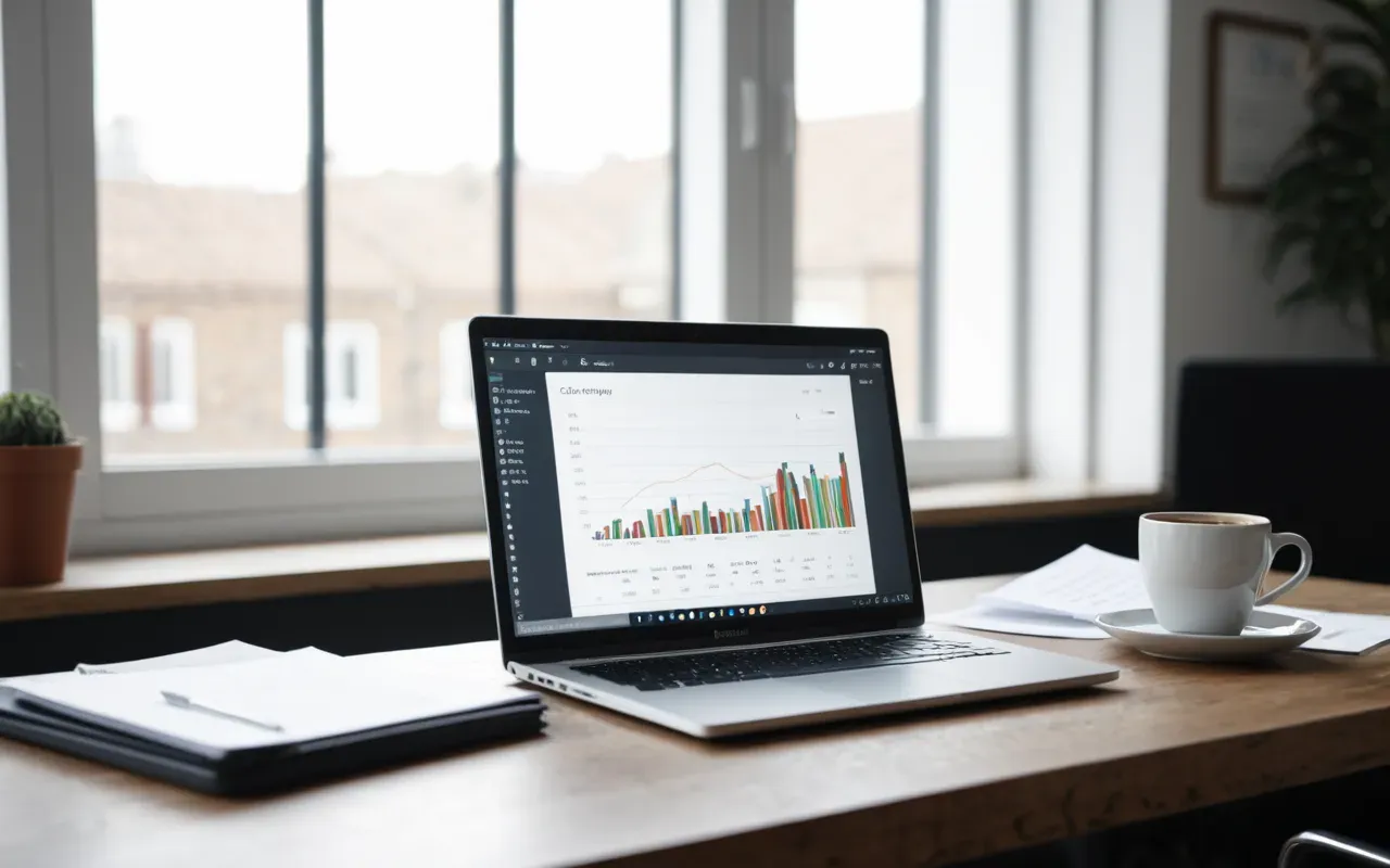 original research content creation setup Modern workspace with a laptop displaying abstract charts alongside printed documents and coffee cup, bright natural light from large windows, clean composition