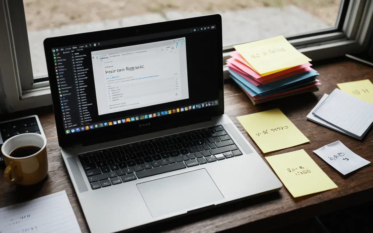 SEO strategy planning workspace Overhead shot of a cluttered desk with scattered sticky notes and a laptop displaying abstract data graphs, soft natural light from a window, shallow depth of field