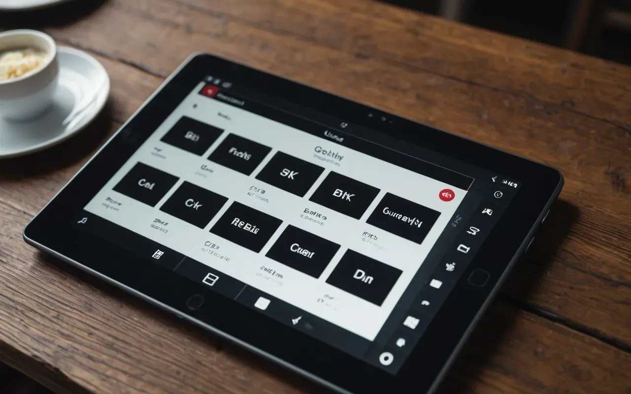 Overhead shot of a tablet displaying a clean user interface with large readable buttons and minimal design elements on a wooden table surface.