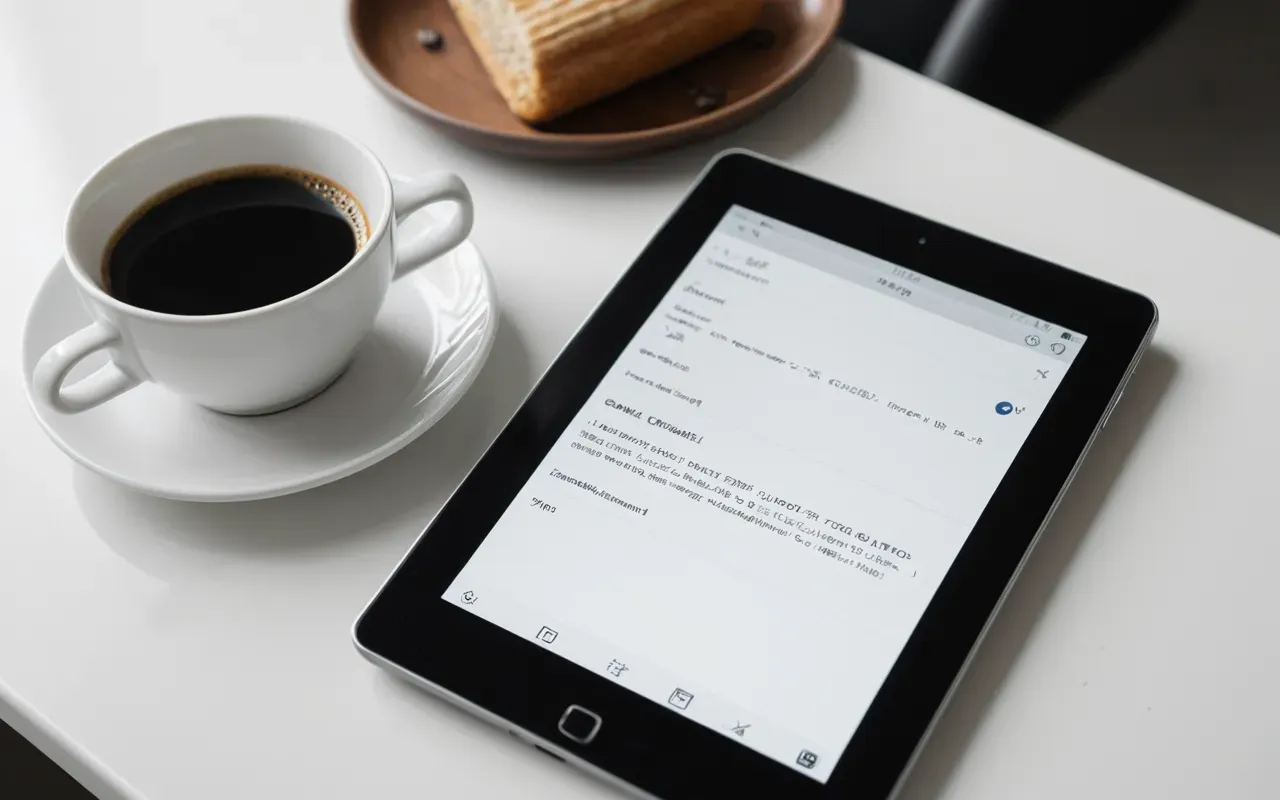 Overhead shot of a tablet displaying code snippets next to a cup of coffee on a clean white desk, soft natural light from the left