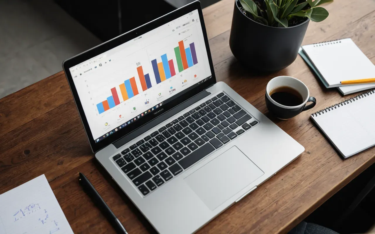 Overhead view of a modern desk setup with a laptop displaying colorful bar graphs and a notebook filled with handwritten notes under bright daylight.