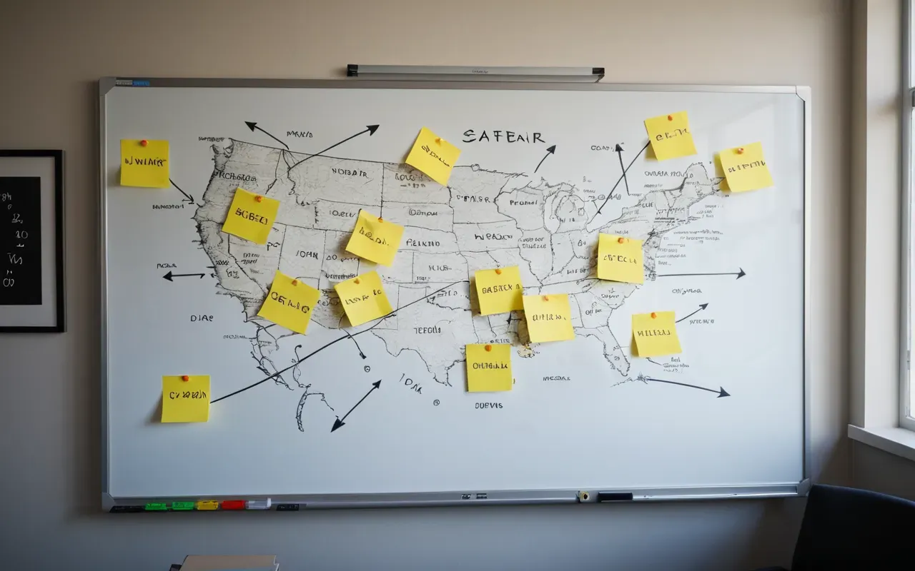 Overhead view of a whiteboard covered in connected sticky notes and arrows illustrating a conceptual map, bright office environment with natural light streaming through glass walls