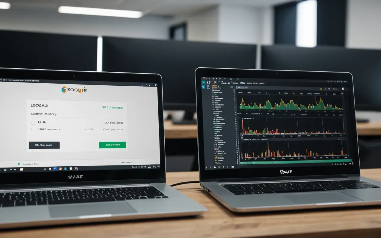 Split screen showing a fast loading bar versus a slow spinner on two modern laptop screens side by side in an office setting, neutral tones