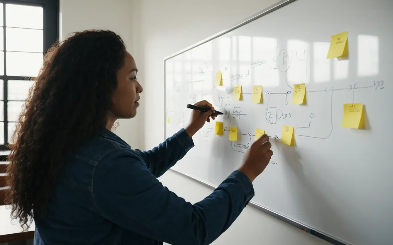 Two people collaborating at a modern whiteboard covered in abstract sticky notes and flowchart diagrams. The room is bright with natural daylight from large windows.