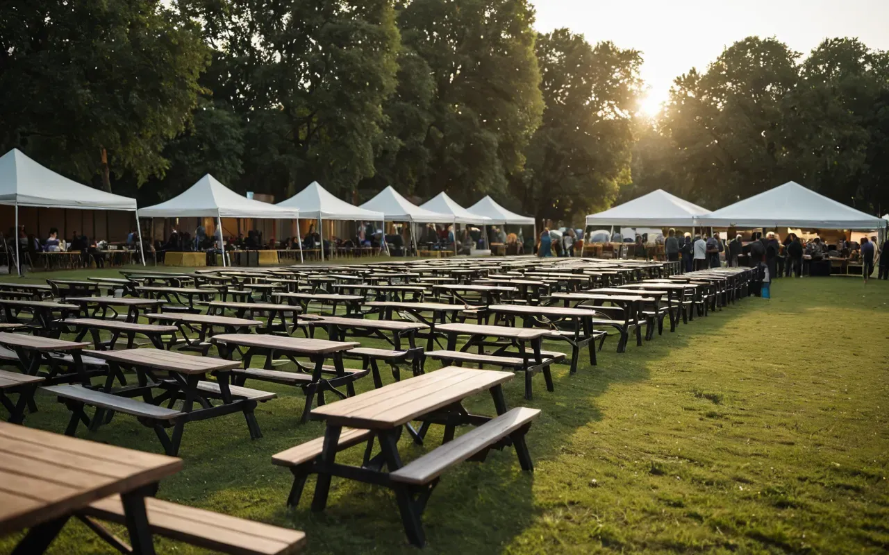 Wide angle shot of a modern community event setup with folding tables and chairs in an open park area during late afternoon golden hour lighting.