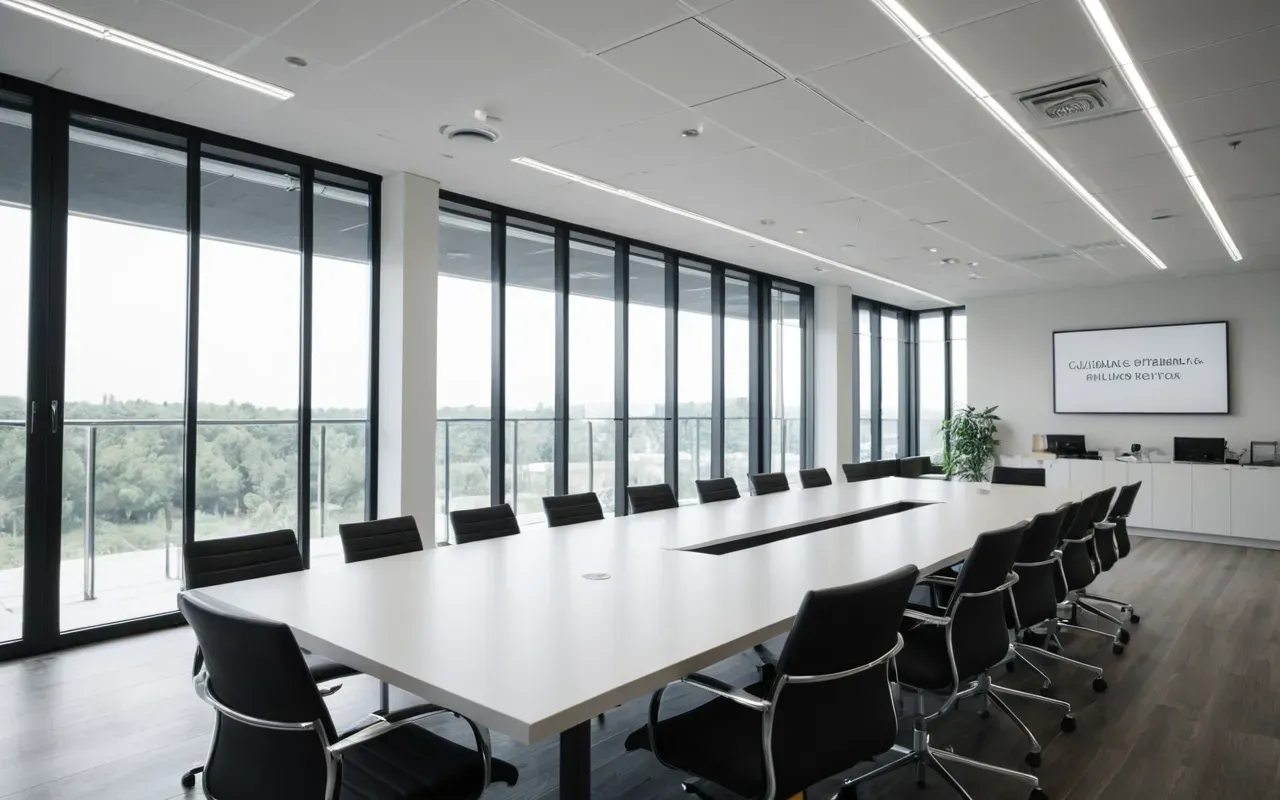 Wide angle shot of a modern office meeting room with glass walls and natural light streaming through large windows onto white tables