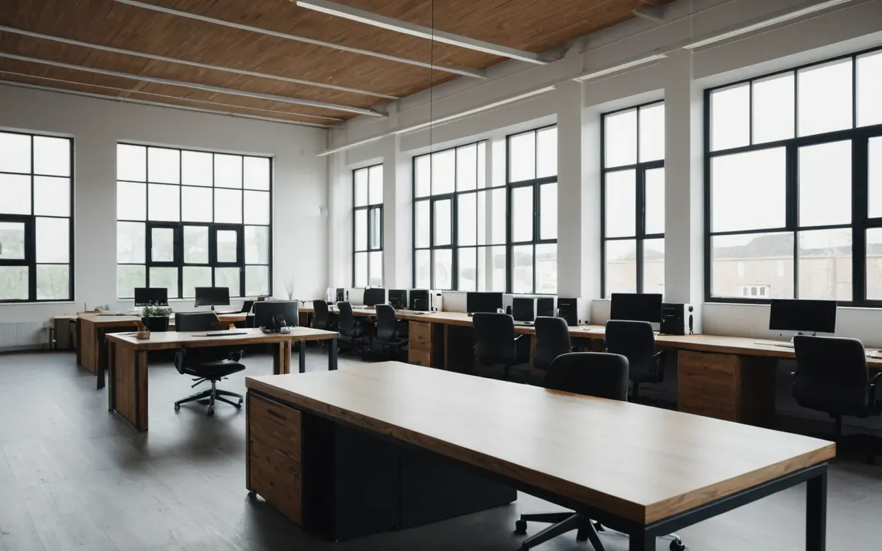 Wide shot of a modern minimalist office interior with natural light streaming through large windows and simple wooden desks arranged in an open plan layout