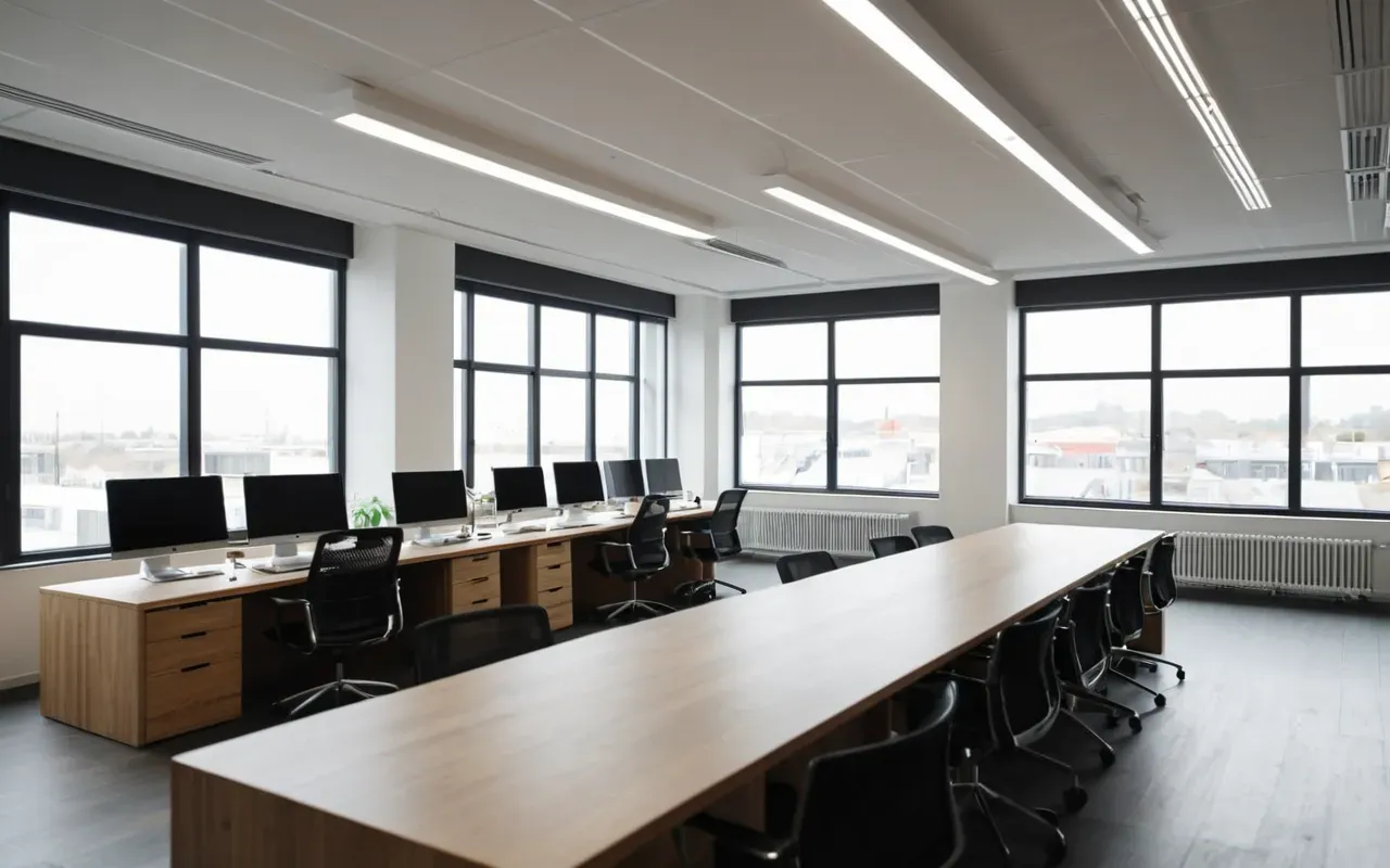 Wide shot of a modern minimalist office interior with light wood desks and ergonomic chairs under soft diffused daylight from large windows in a clean editorial style.