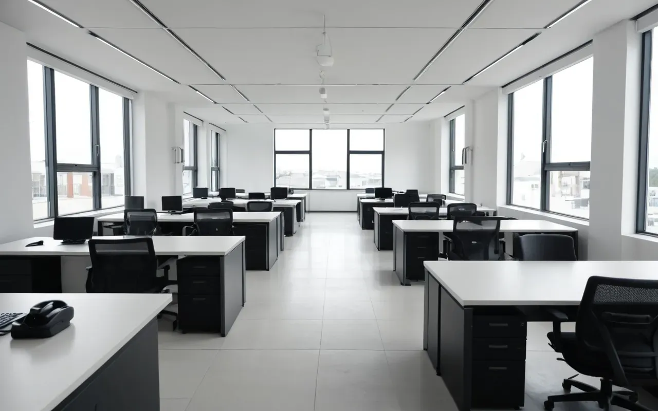 Wide shot of a modern minimalist office interior with white walls and large windows letting in soft daylight featuring ergonomic chairs and clean desks without any visible text or signage