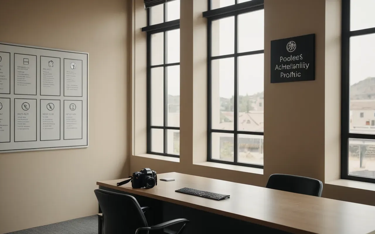 Wide shot of a modern minimalist office interior with neutral beige walls and large windows letting in soft natural daylight featuring a simple desk setup.