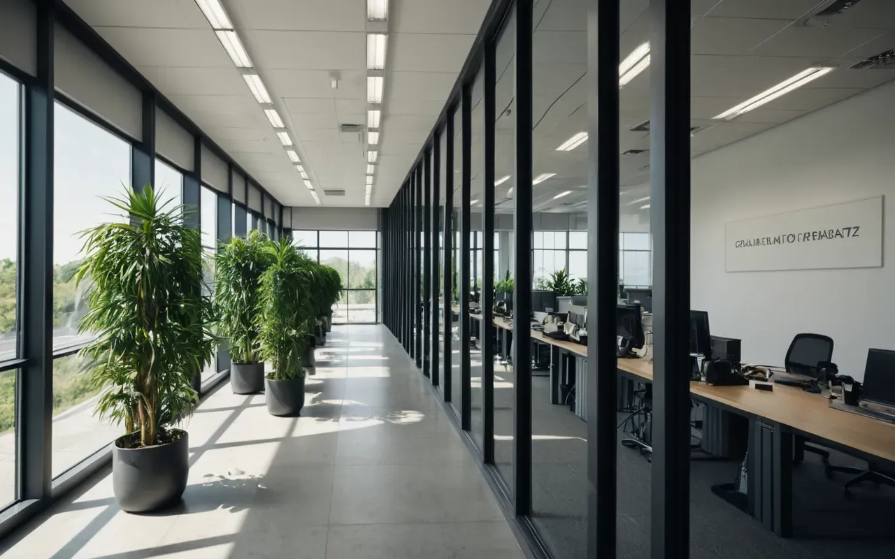 Wide shot of a modern minimalist office space with glass walls and green plants in the corner, bright daylight streaming through large windows