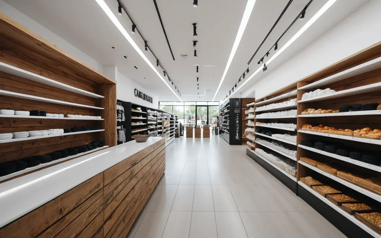 Wide shot of a modern minimalist retail store interior with clean white shelves and warm wooden accents, soft diffused daylight streaming through large windows.