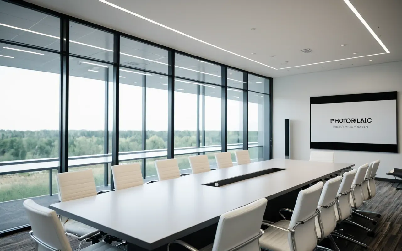 Wide shot of a modern office meeting room with glass walls and white chairs around a rectangular table under bright even lighting.