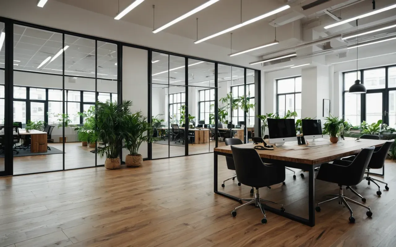 Wide shot of a modern open-plan office space with glass partitions and green plants where diverse professionals collaborate around a wooden table.