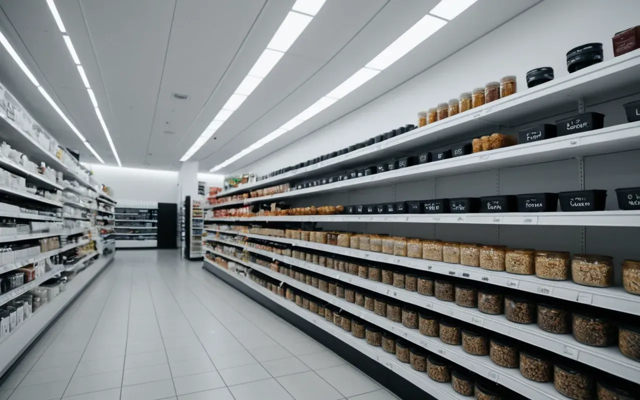 Wide shot of a modern retail store interior with clean white shelves and soft ambient lighting in a minimalist design style without any visible signage or text.